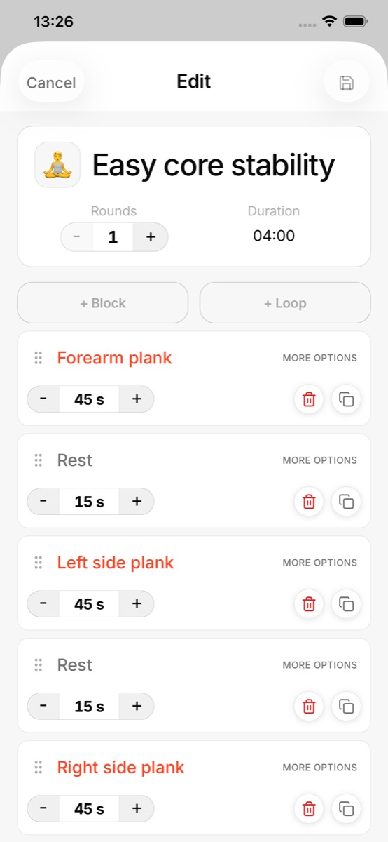 Bloc workout editor screen for creating and editing custom workouts